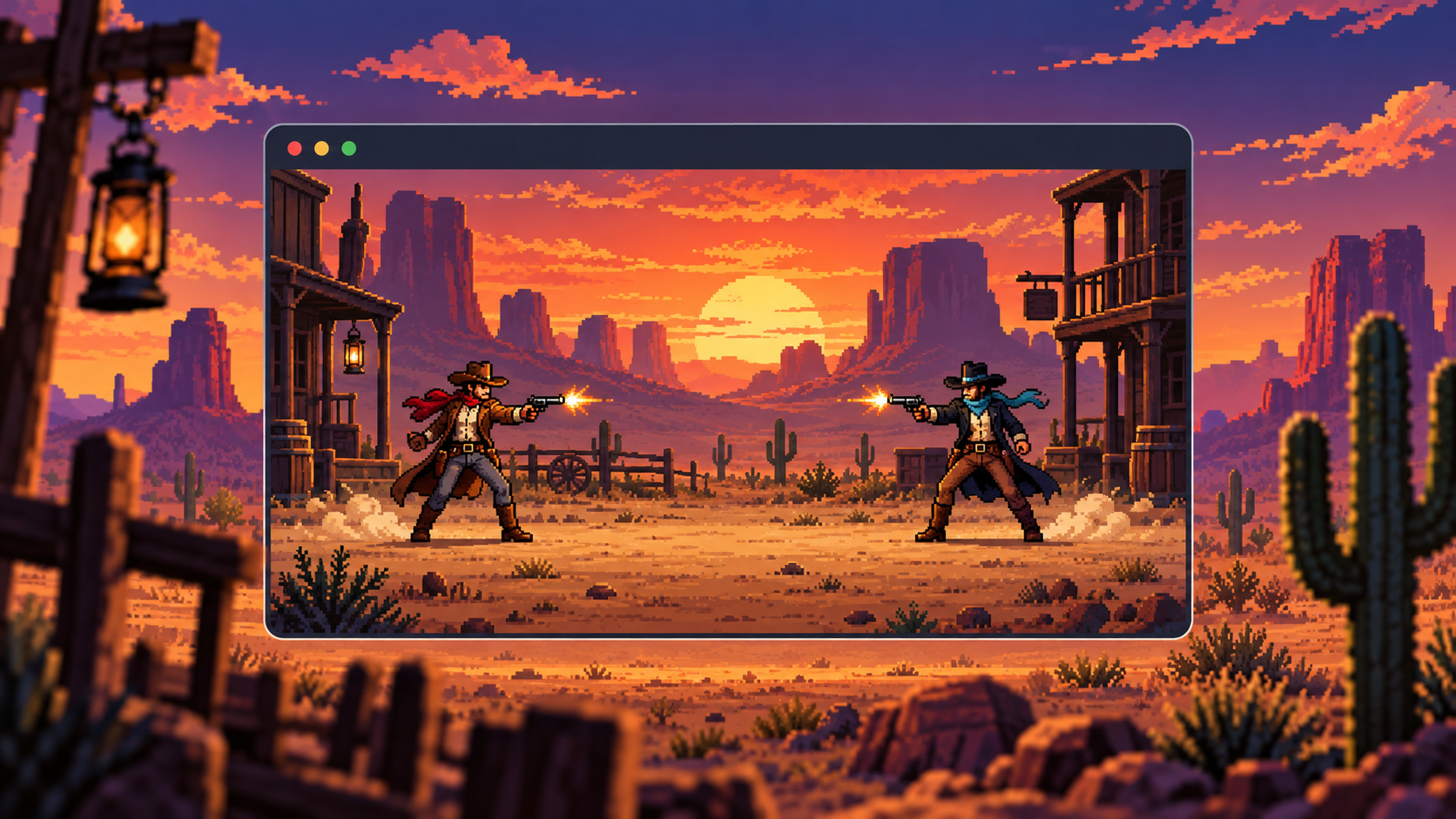Pixel Quickdraw artwork with two cowboys dueling at sunset