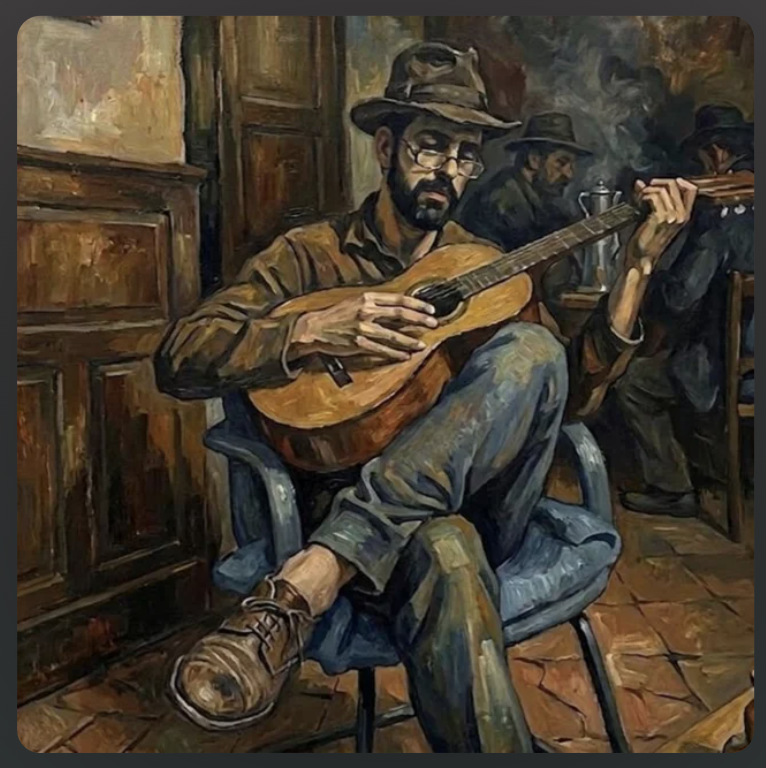 Painted musician on The Coin audiobook artwork